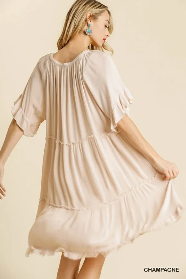 Split Neck Short Ruffle Sleeve Back Tiered Frayed Hem Dress