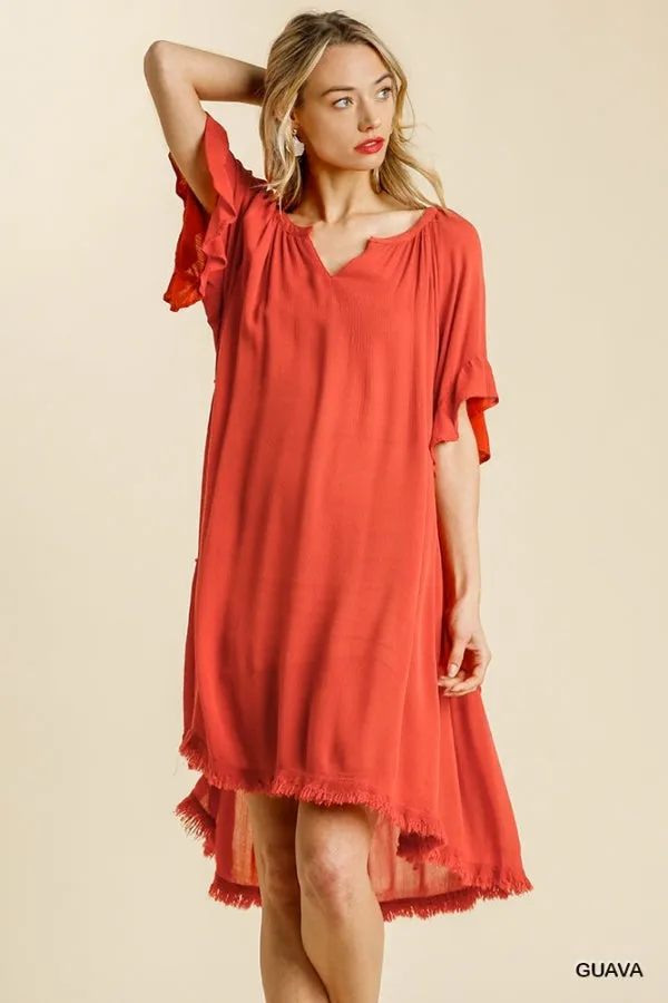 Split Neck Short Ruffle Sleeve Back Tiered Frayed Hem Dress