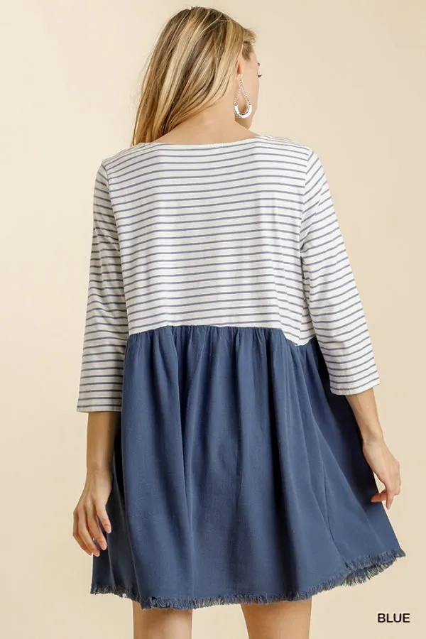 Striped Three Quarter Sleeve Babydoll Frayed Hem Dress
