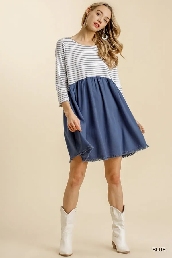Striped Three Quarter Sleeve Babydoll Frayed Hem Dress