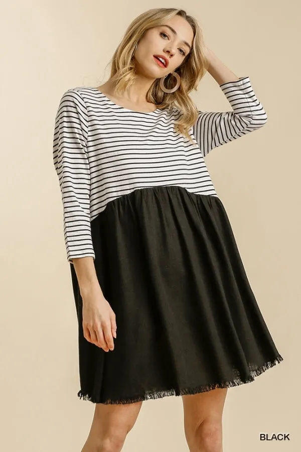 Striped Three Quarter Sleeve Babydoll Frayed Hem Dress