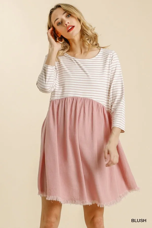 Striped Three Quarter Sleeve Babydoll Frayed Hem Dress