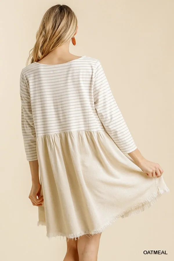 Striped Three Quarter Sleeve Babydoll Frayed Hem Dress