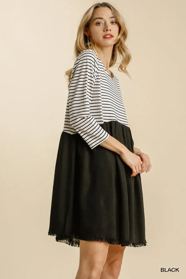 Striped Three Quarter Sleeve Babydoll Frayed Hem Dress
