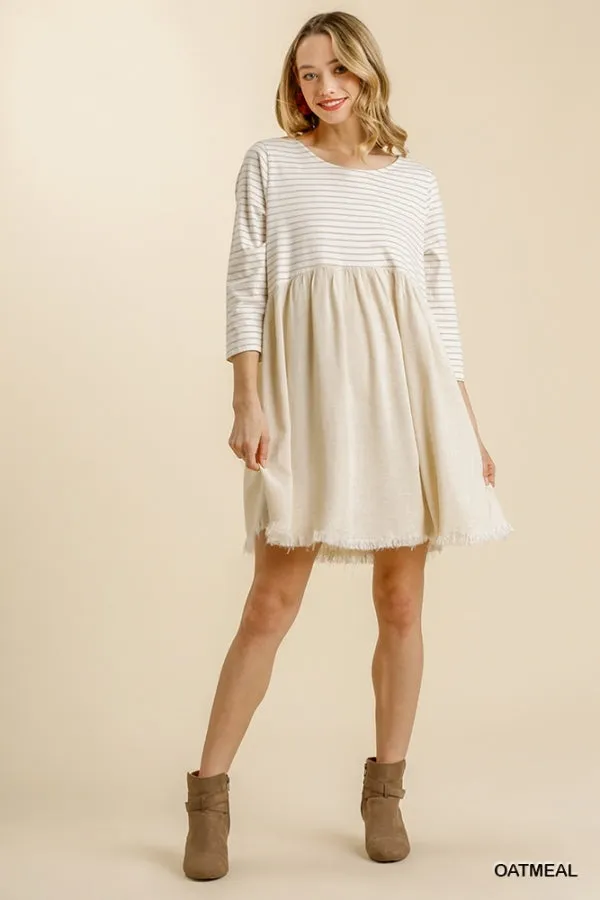 Striped Three Quarter Sleeve Babydoll Frayed Hem Dress