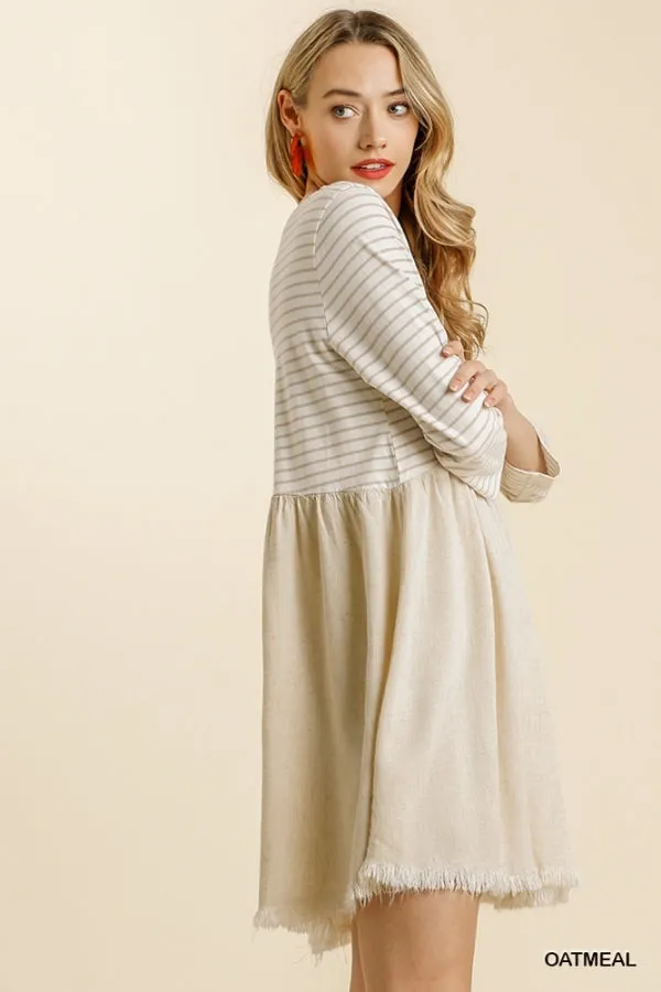 Striped Three Quarter Sleeve Babydoll Frayed Hem Dress