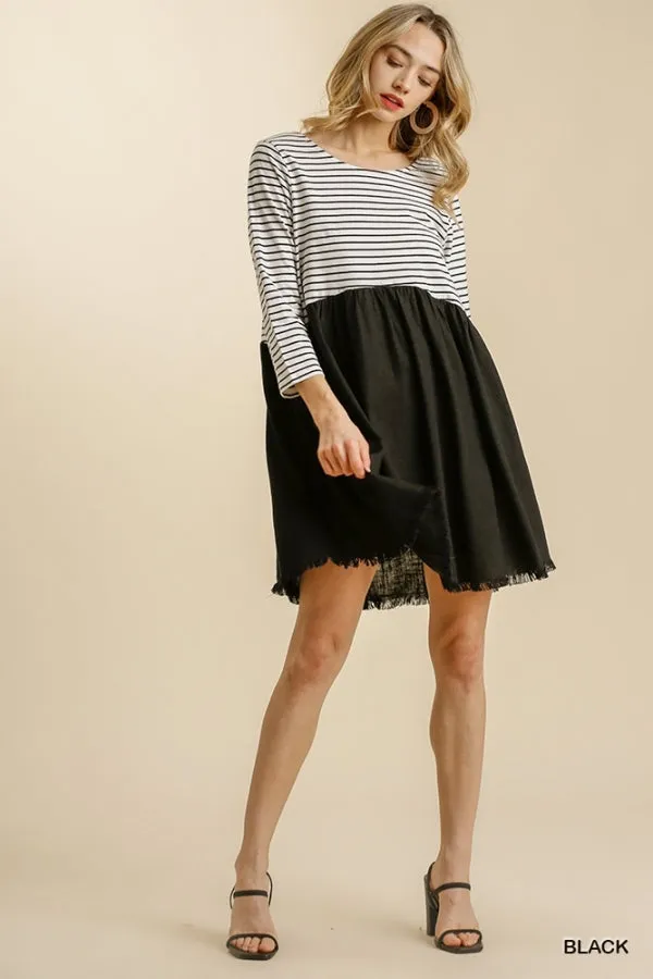 Striped Three Quarter Sleeve Babydoll Frayed Hem Dress