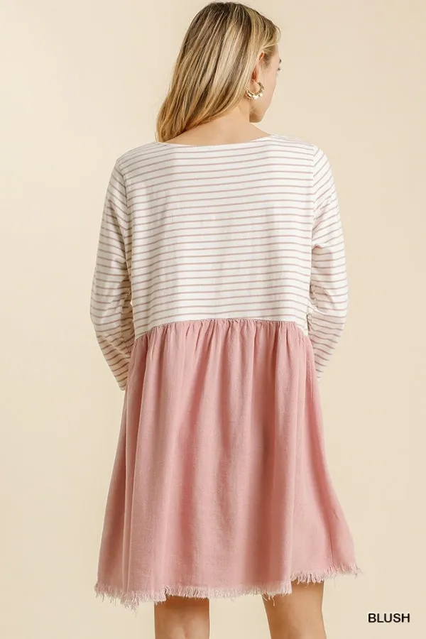 Striped Three Quarter Sleeve Babydoll Frayed Hem Dress