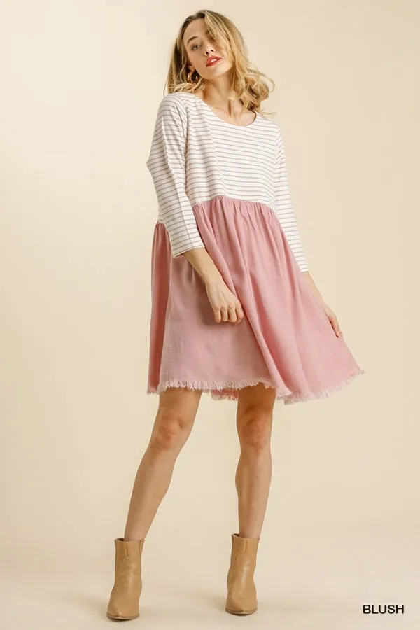 Striped Three Quarter Sleeve Babydoll Frayed Hem Dress