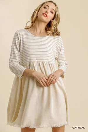 Striped Three Quarter Sleeve Babydoll Frayed Hem Dress