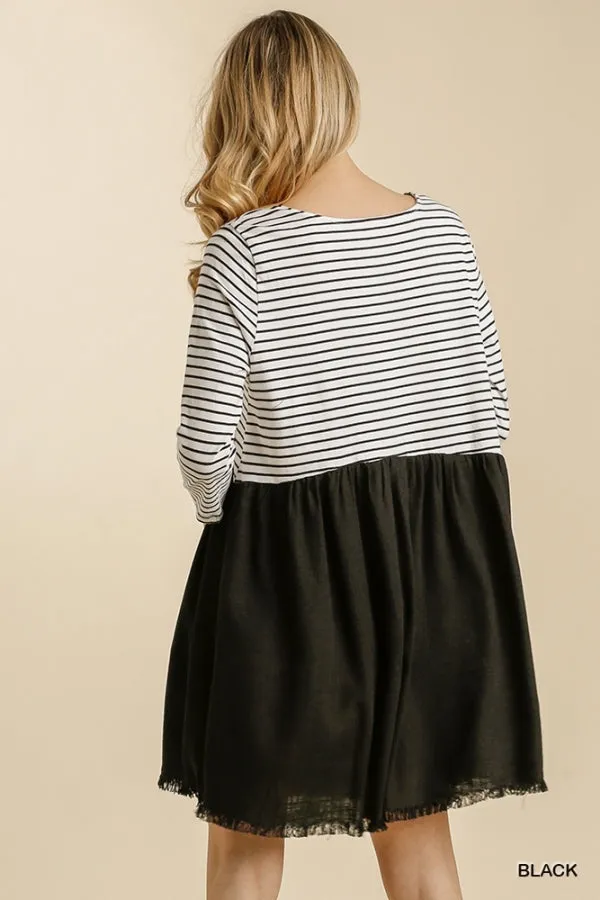 Striped Three Quarter Sleeve Babydoll Frayed Hem Dress