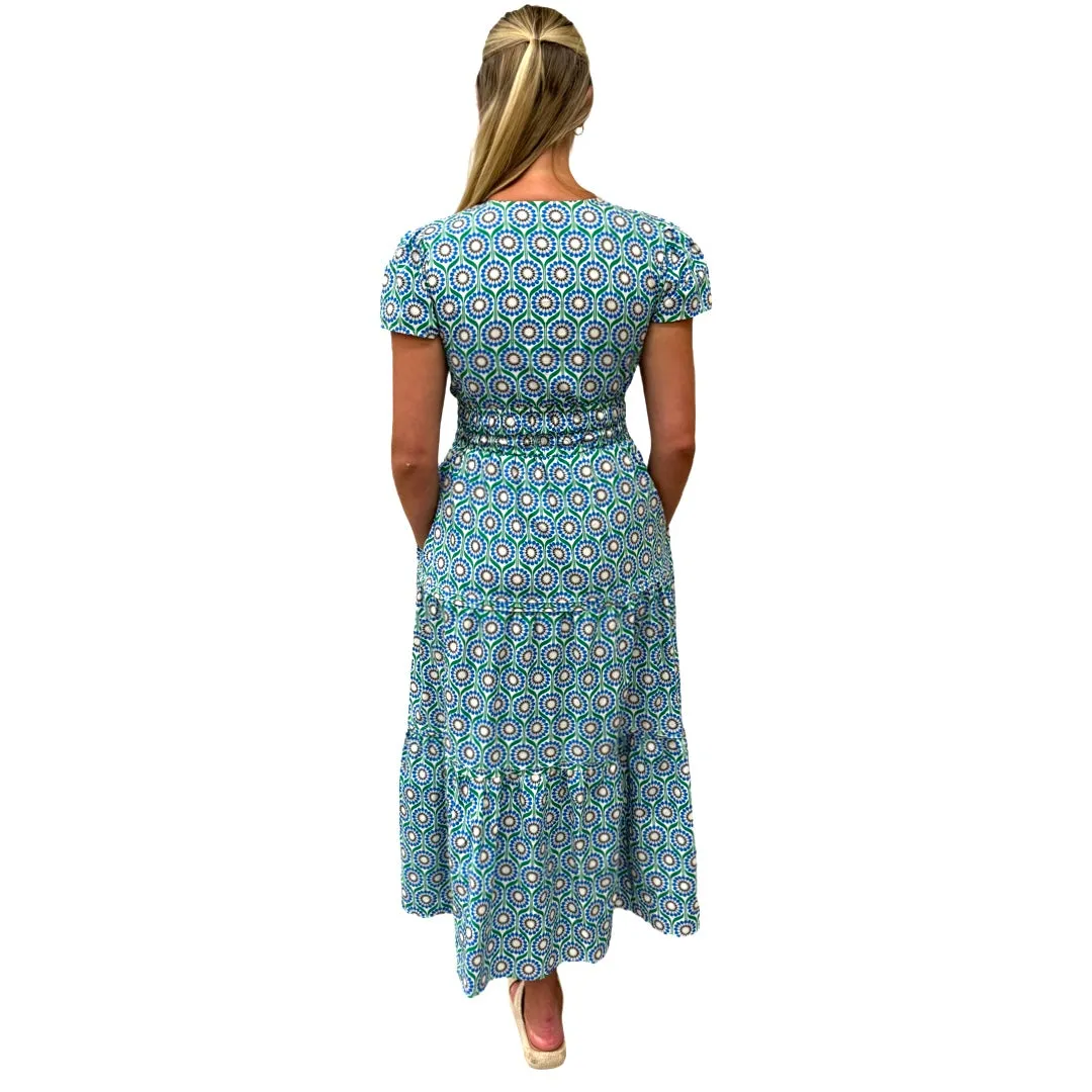 The Sydney Cinch Waist Dress in Green Blue Geometric Floral