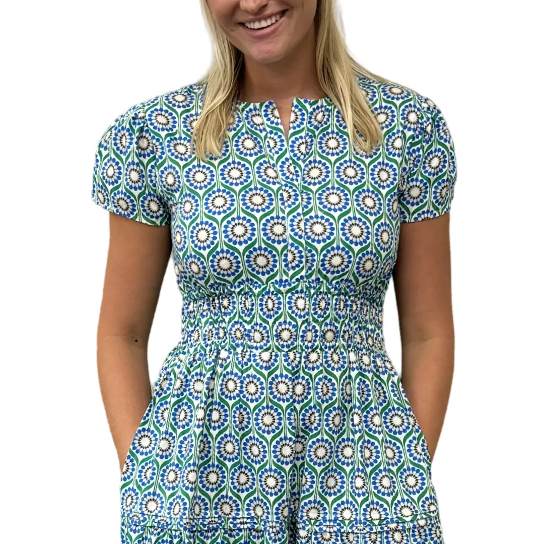 The Sydney Cinch Waist Dress in Green Blue Geometric Floral