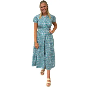 The Sydney Cinch Waist Dress in Green Blue Geometric Floral