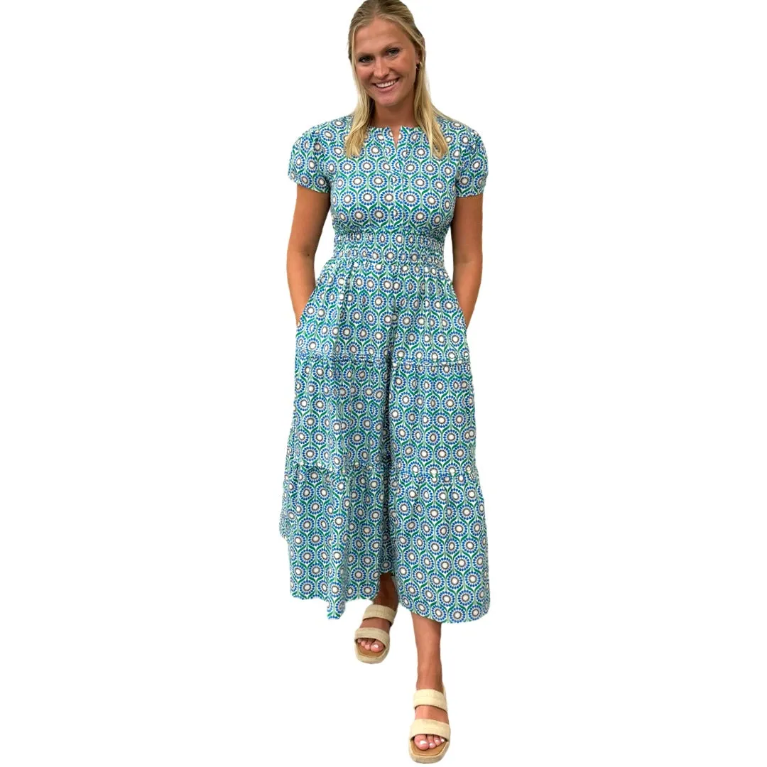 The Sydney Cinch Waist Dress in Green Blue Geometric Floral