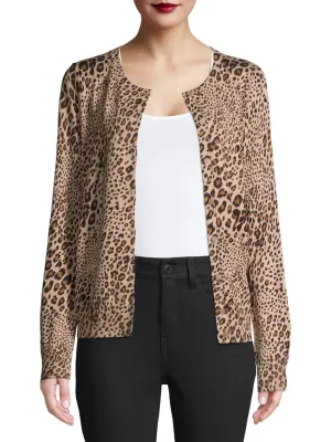 Time and Tru Women's  Leopard Everyday Crew Neck Cardigan
