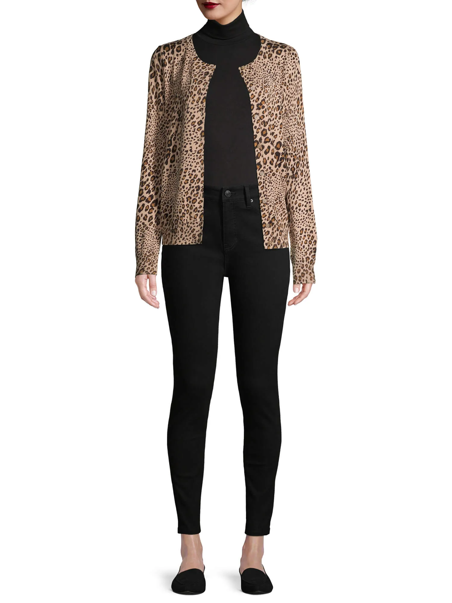 Time and Tru Women's  Leopard Everyday Crew Neck Cardigan