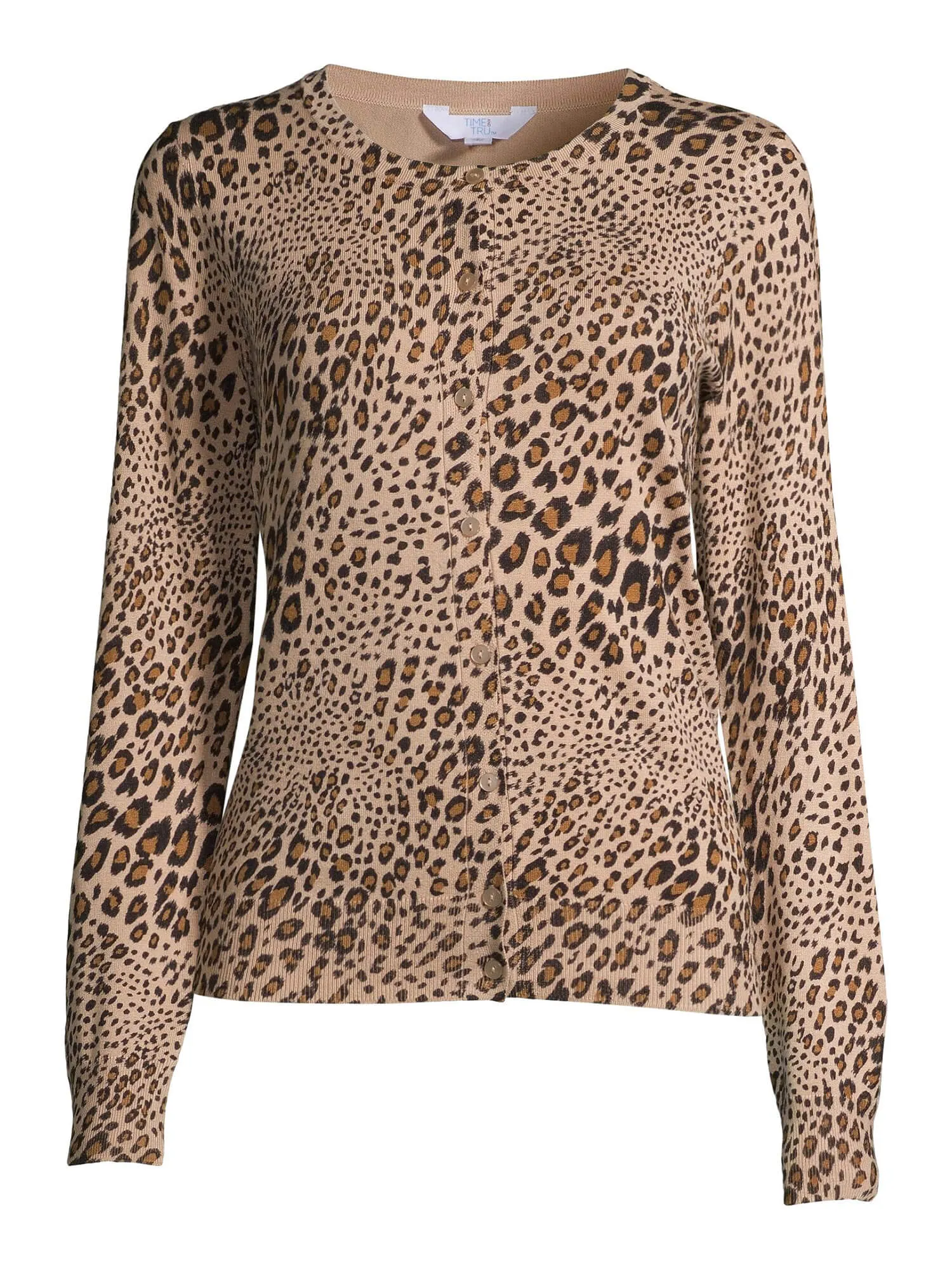 Time and Tru Women's  Leopard Everyday Crew Neck Cardigan