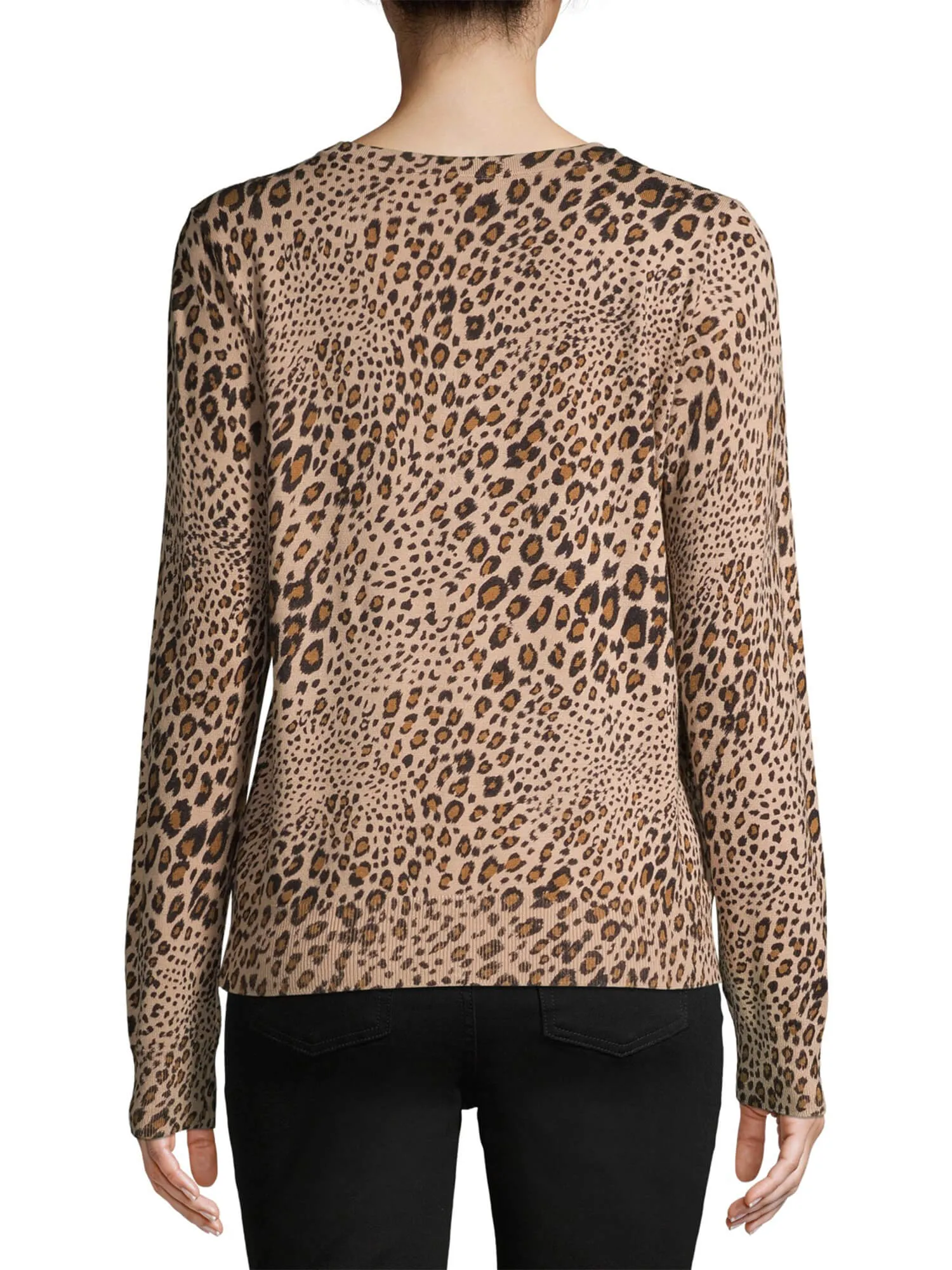 Time and Tru Women's  Leopard Everyday Crew Neck Cardigan