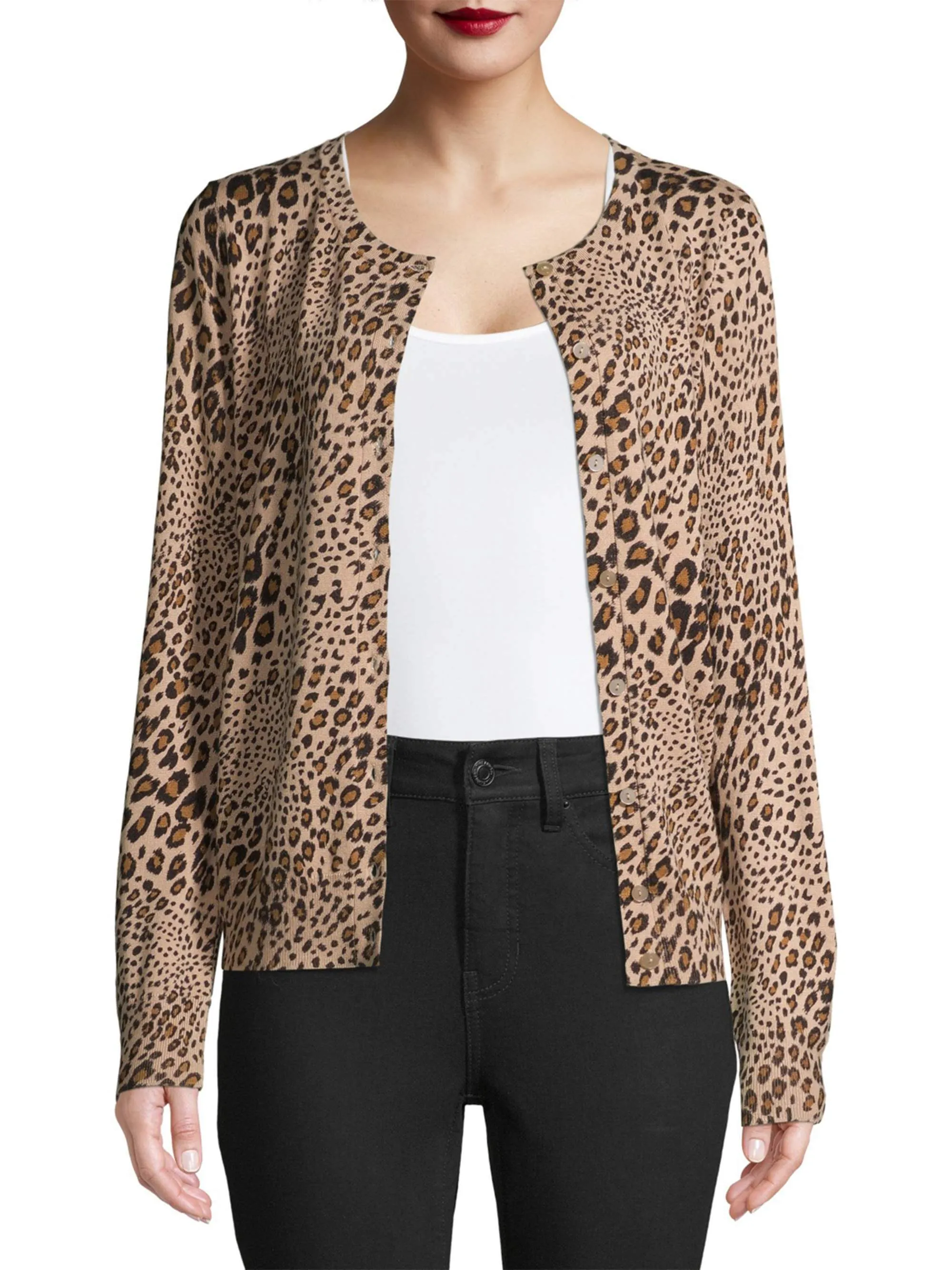Time and Tru Women's  Leopard Everyday Crew Neck Cardigan