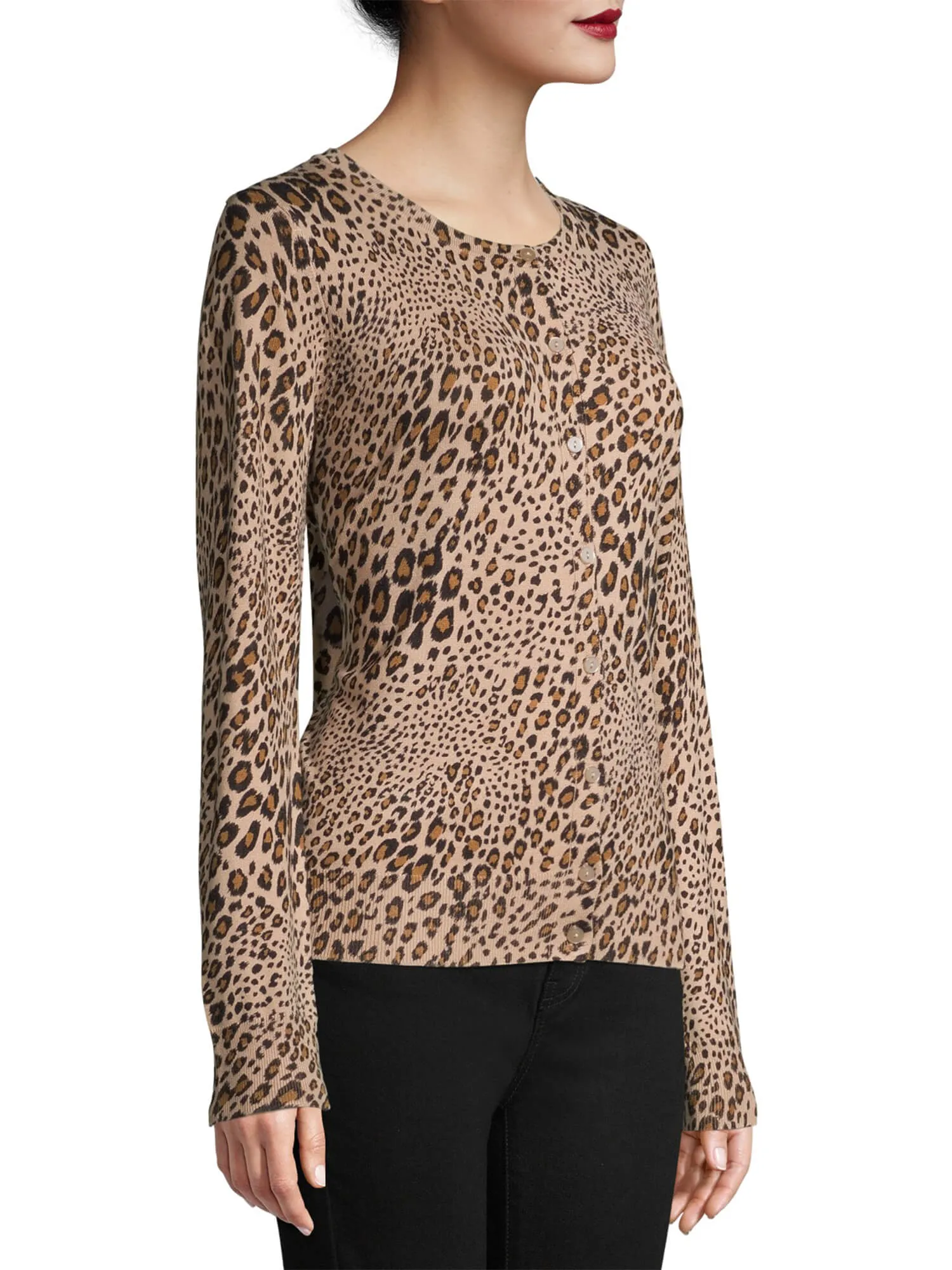 Time and Tru Women's  Leopard Everyday Crew Neck Cardigan