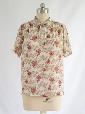 Vintage Beige Collared Half Sleeved Pink Floral Blouse