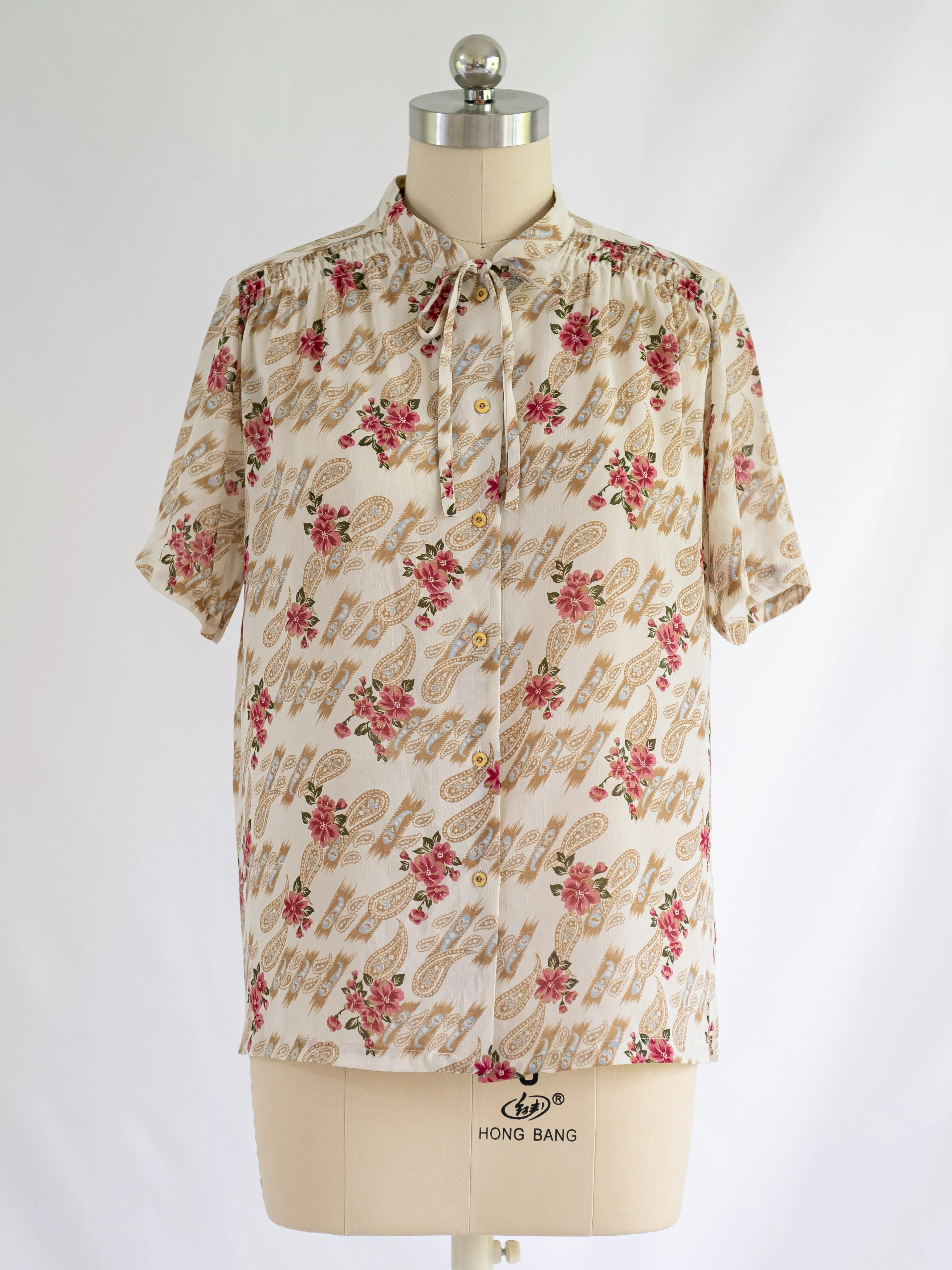 Vintage Beige Collared Half Sleeved Pink Floral Blouse