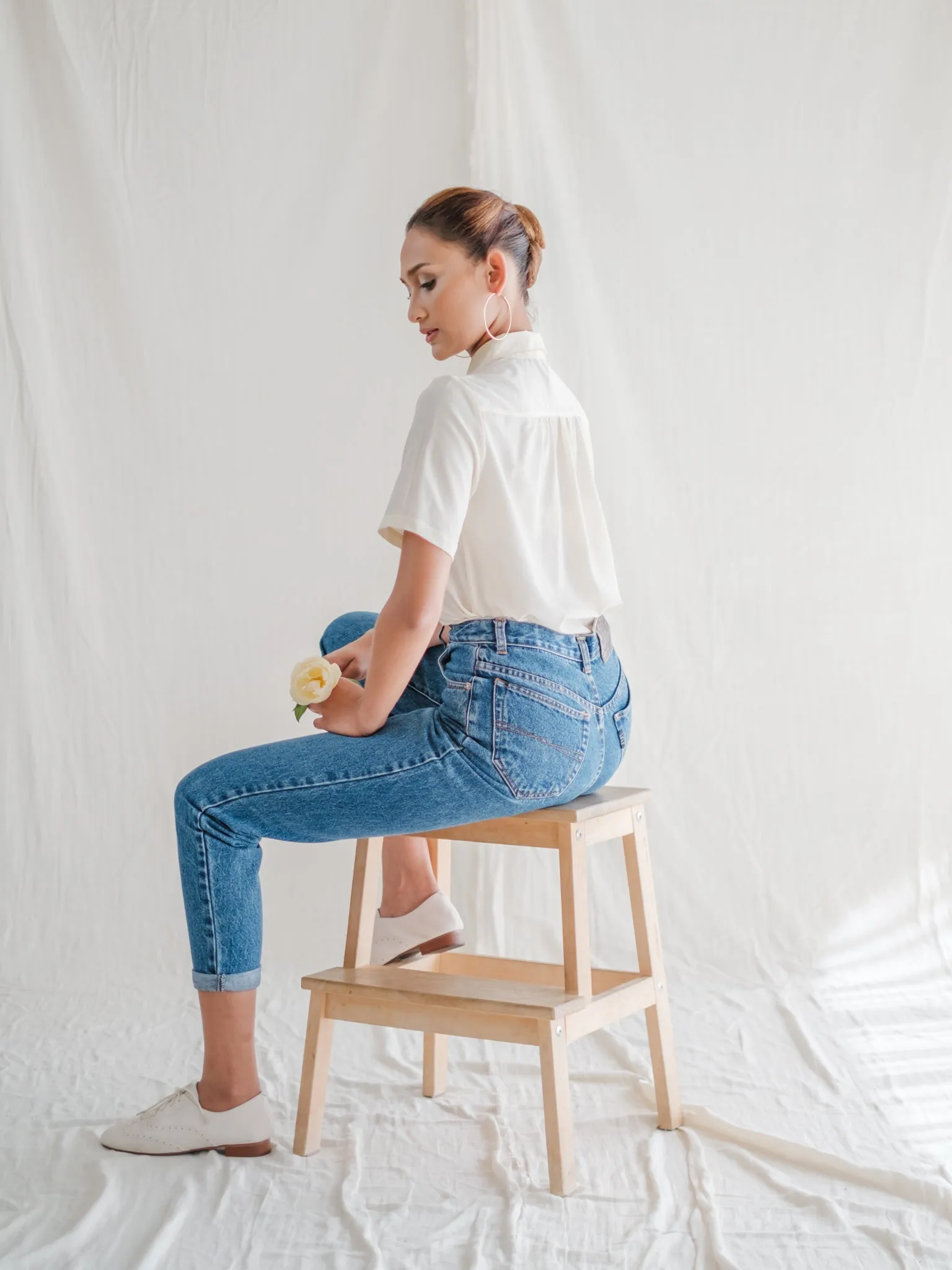 Vintage White Collared Half Sleeve Lace Detailed Blouse