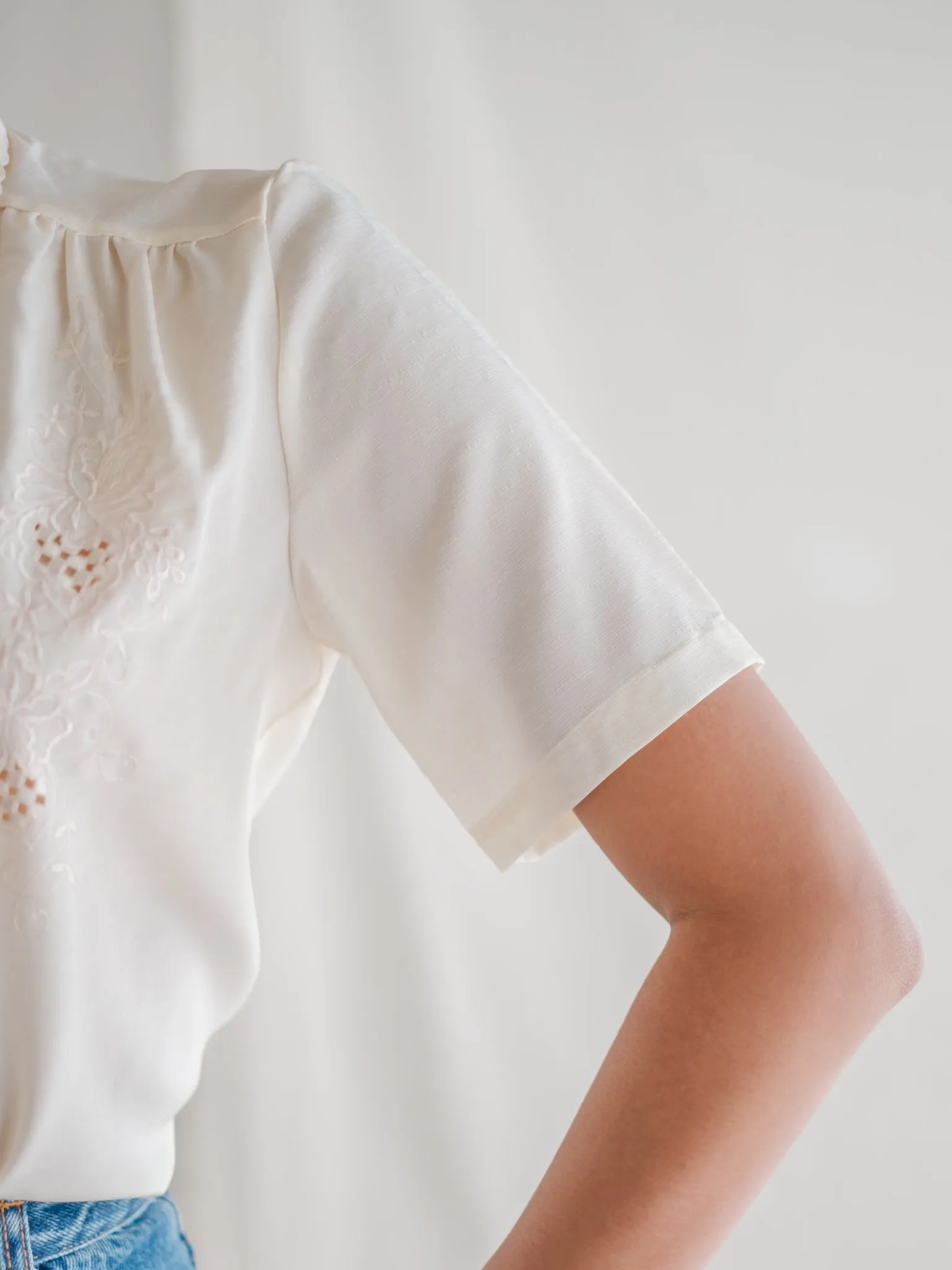 Vintage White Collared Half Sleeve Lace Detailed Blouse