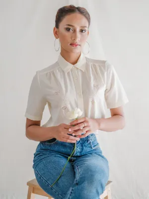 Vintage White Collared Half Sleeve Lace Detailed Blouse