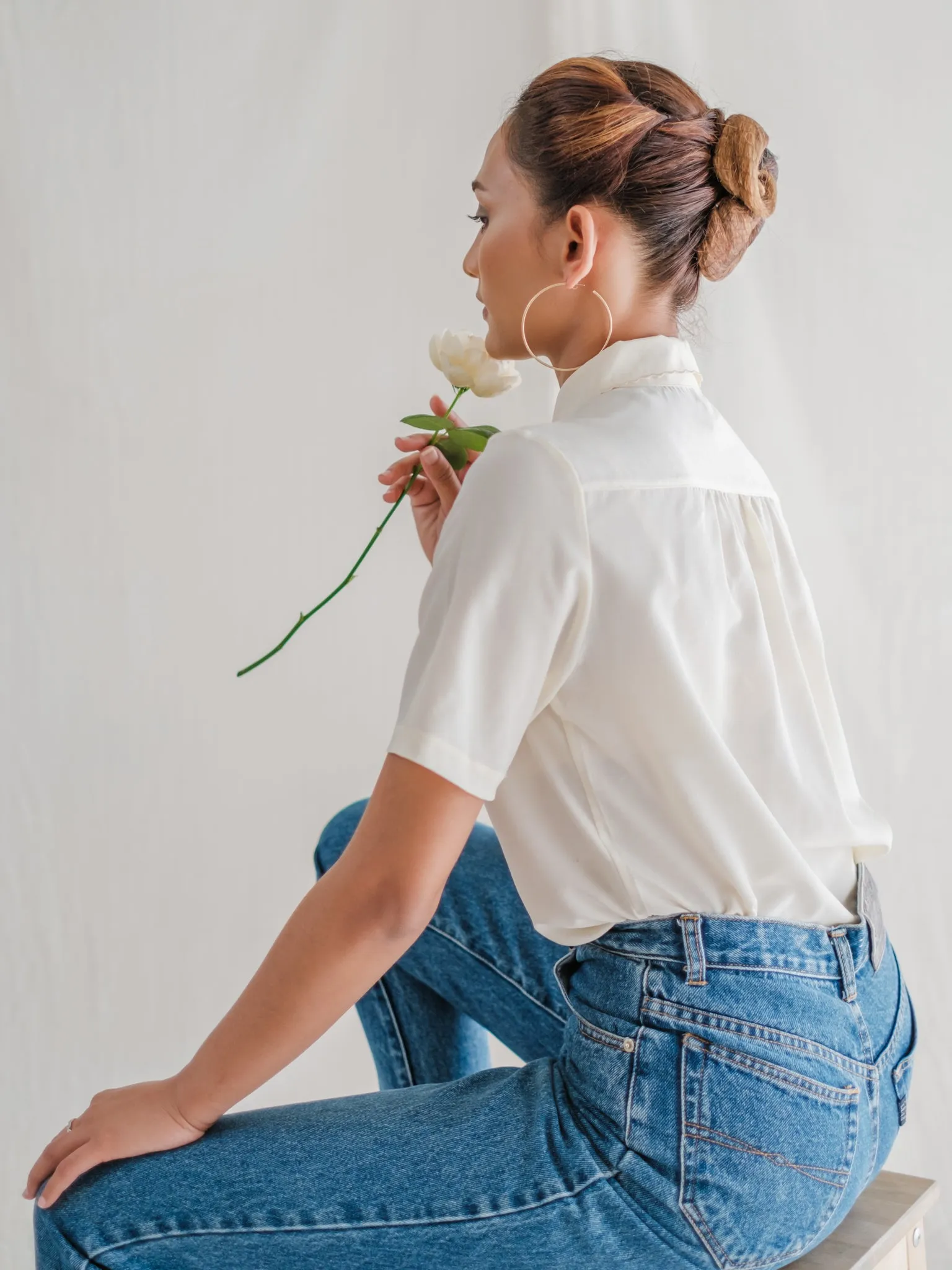 Vintage White Collared Half Sleeve Lace Detailed Blouse