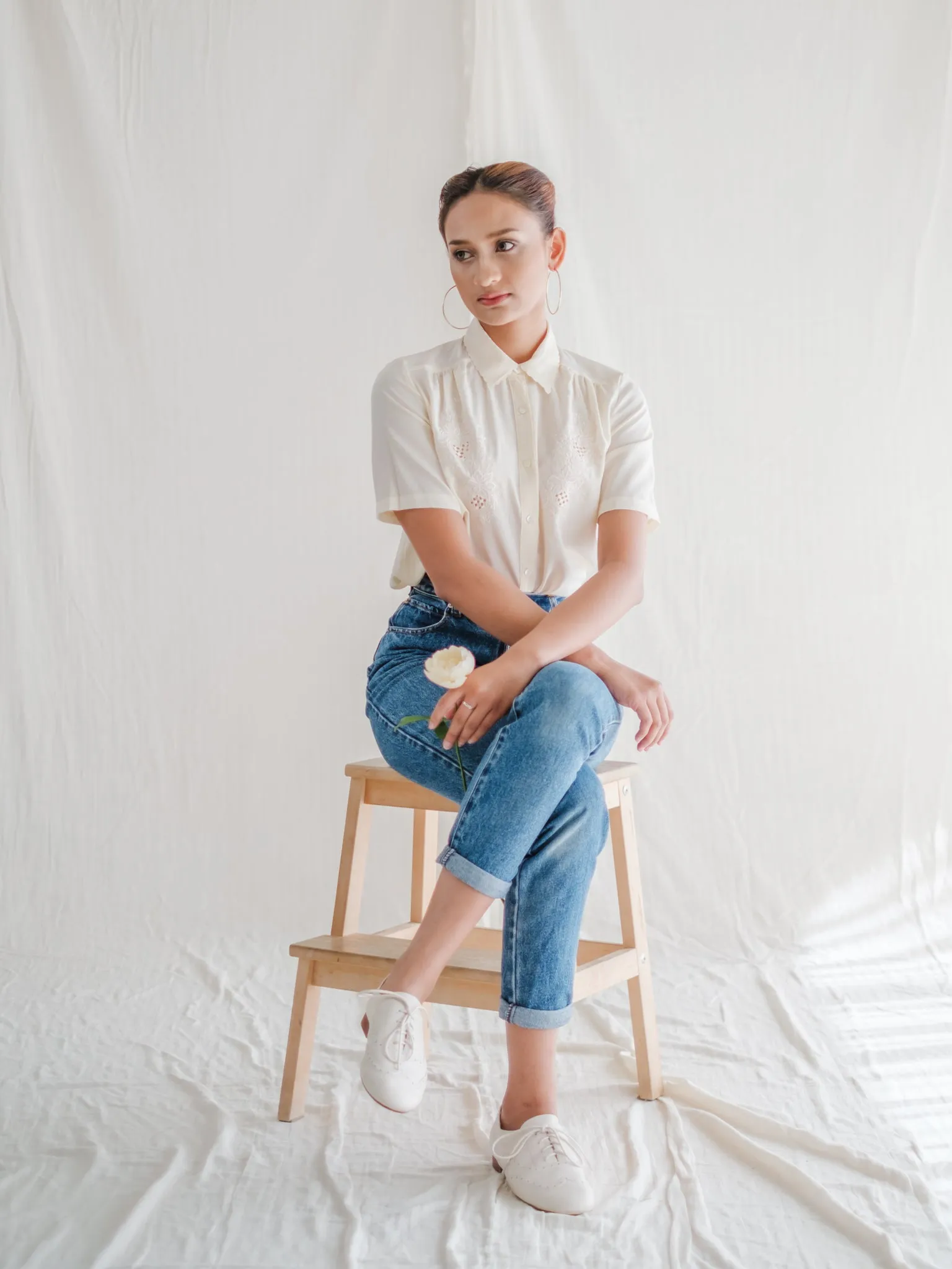 Vintage White Collared Half Sleeve Lace Detailed Blouse