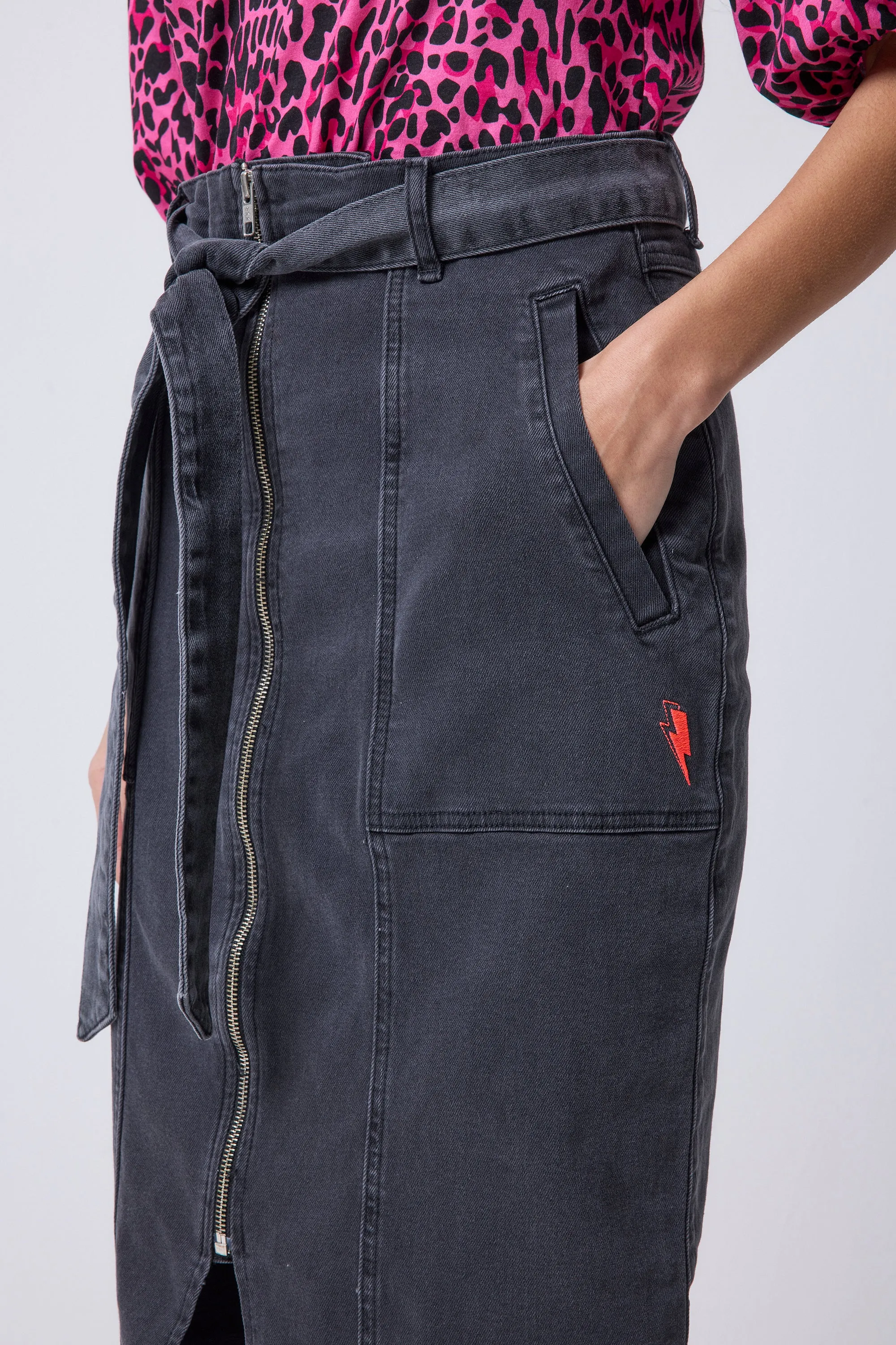 Washed Black Zip Detail Denim Midi Skirt