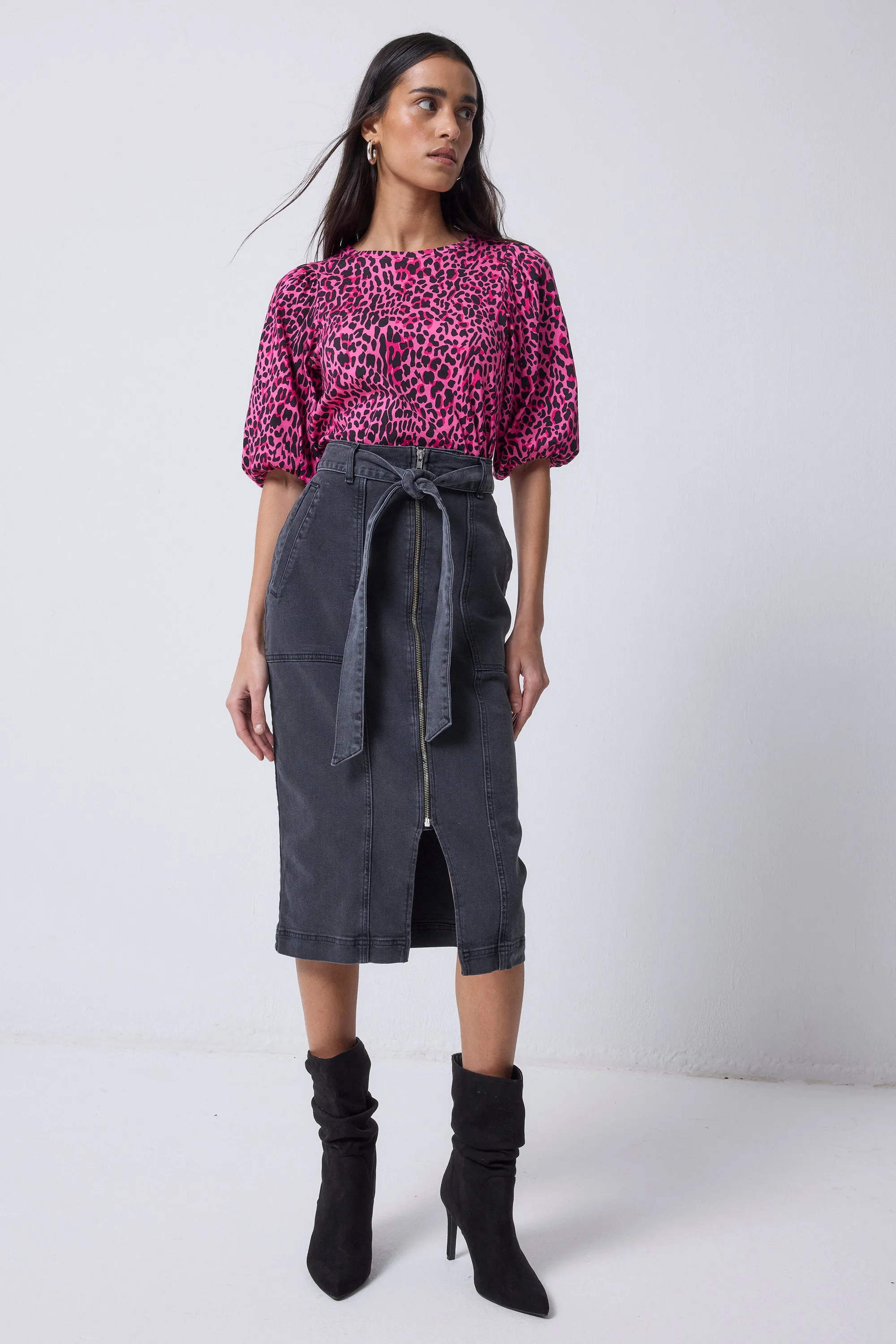 Washed Black Zip Detail Denim Midi Skirt