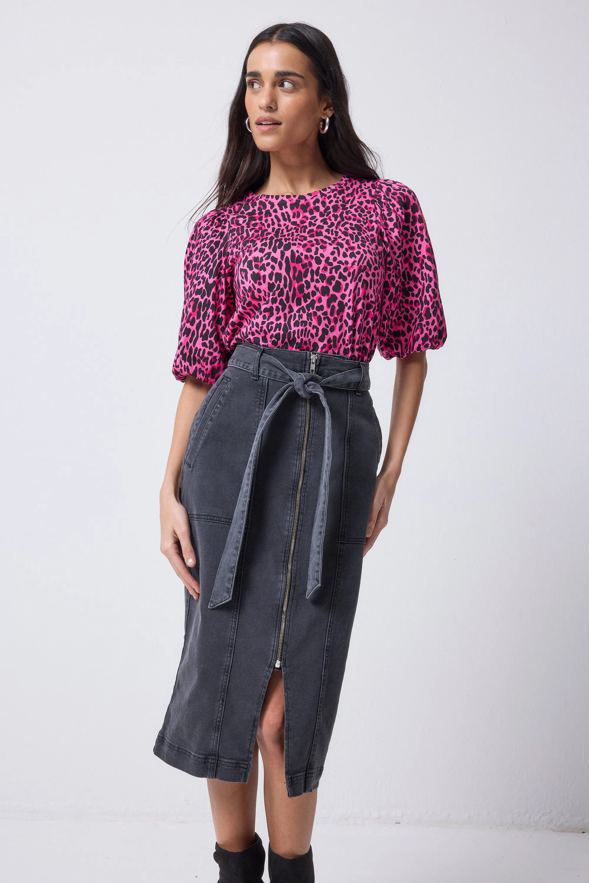 Washed Black Zip Detail Denim Midi Skirt