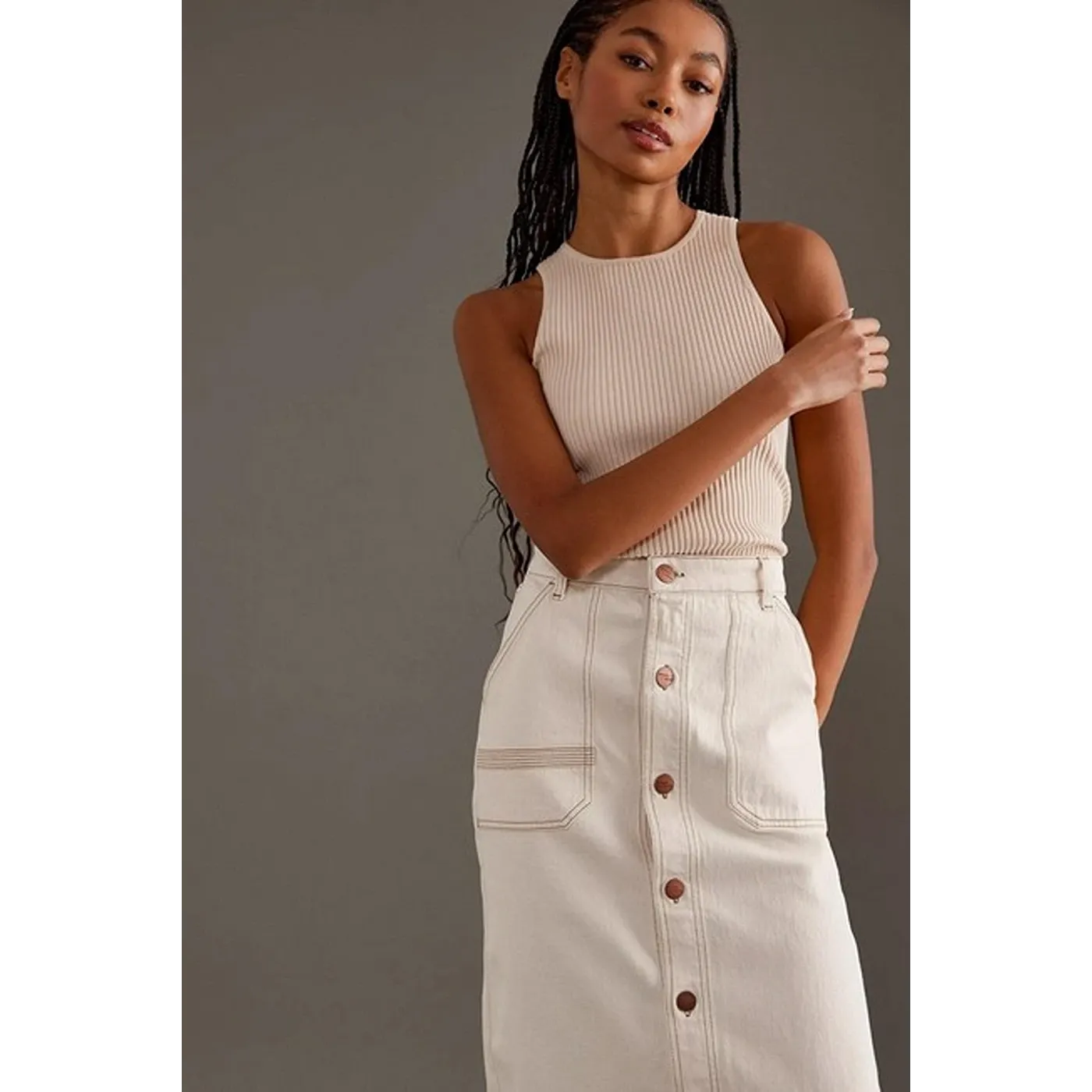 White Button Down Denim Skirt