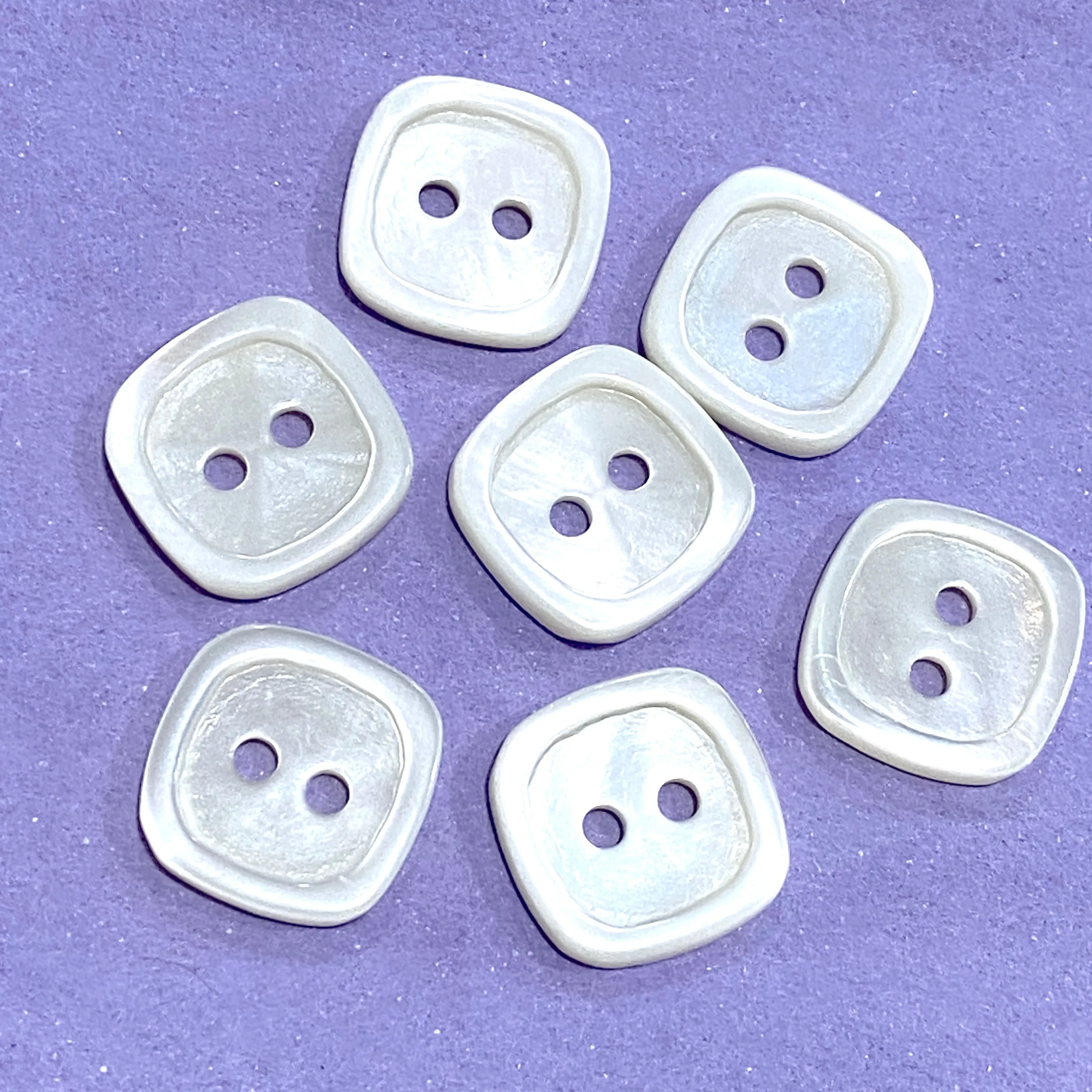 White Shell Square 2-Hole Button. MOP, 1/2" Size. Pack of 4 buttons.  #688