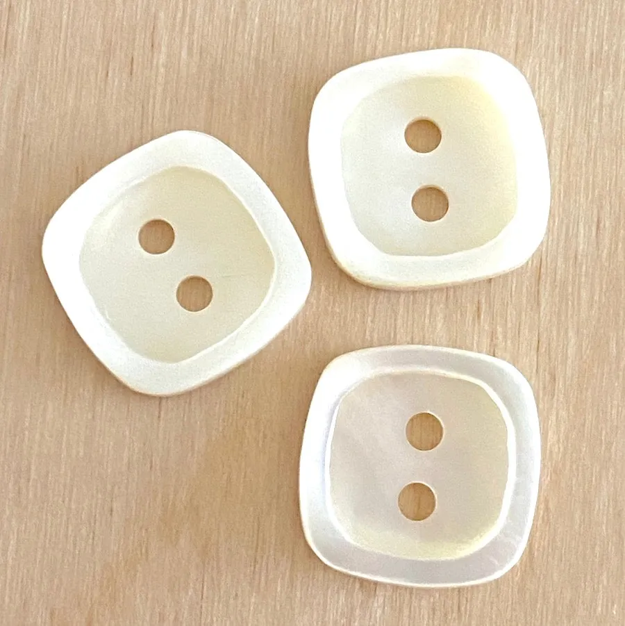White Shell Square 2-Hole Button. MOP, 1/2" Size. Pack of 4 buttons.  #688