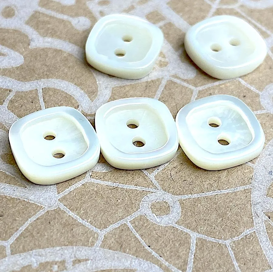 White Shell Square 2-Hole Button. MOP, 1/2" Size. Pack of 4 buttons.  #688