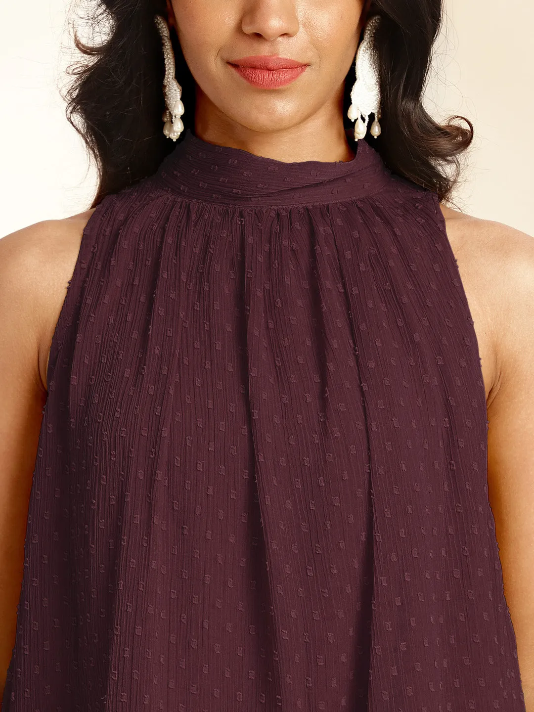 Wine Chiffon All-Over Self Design Gathered Co-Ord Set