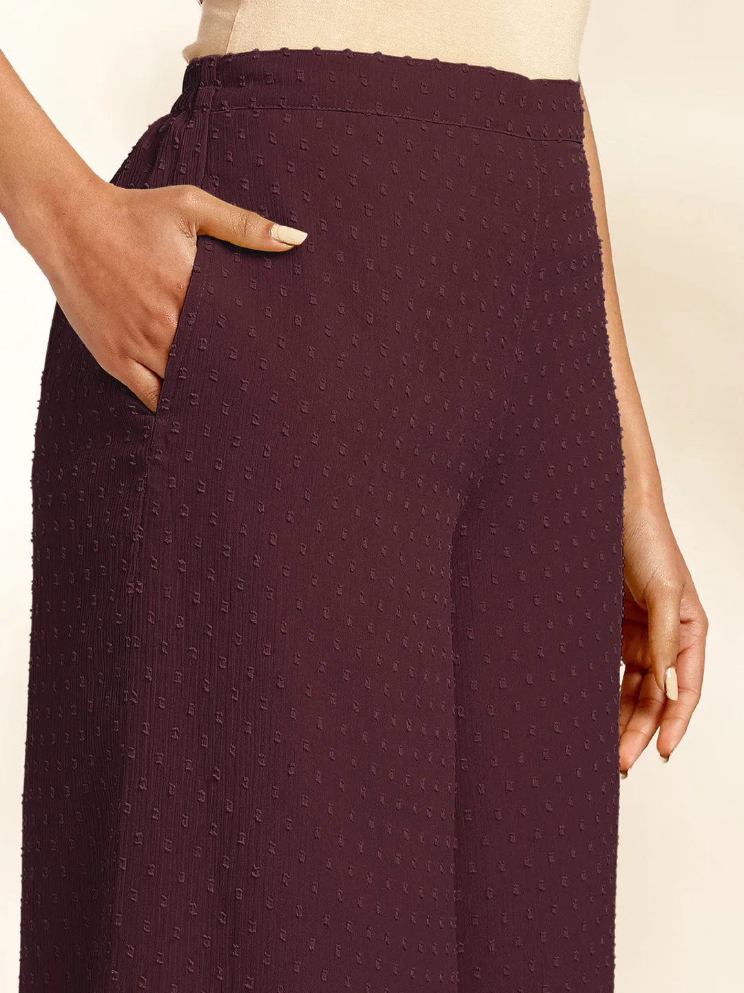 Wine Chiffon All-Over Self Design Gathered Co-Ord Set