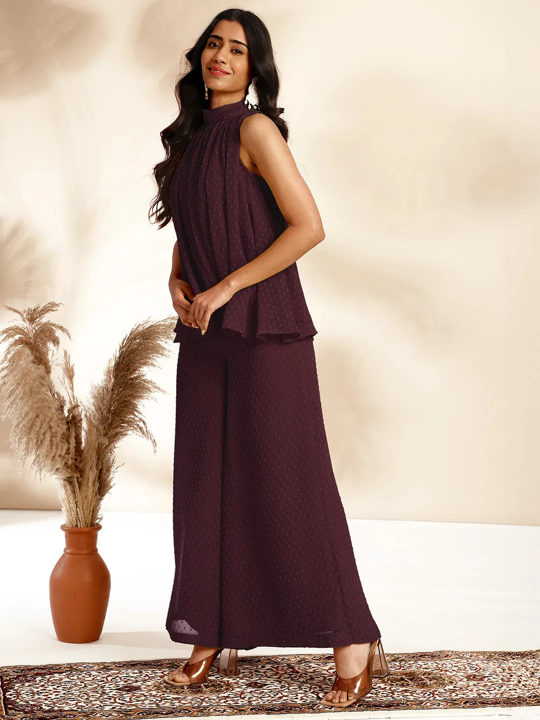 Wine Chiffon All-Over Self Design Gathered Co-Ord Set