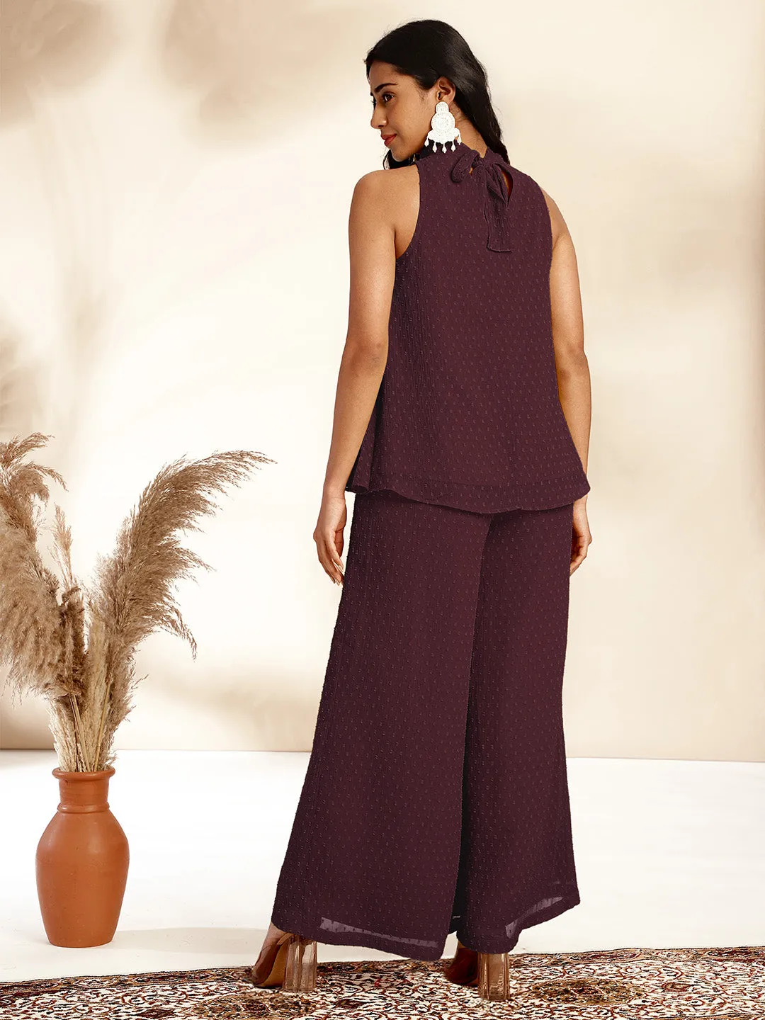 Wine Chiffon All-Over Self Design Gathered Co-Ord Set