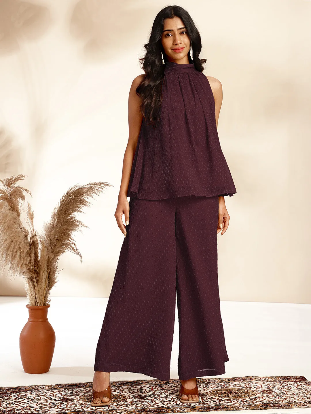Wine Chiffon All-Over Self Design Gathered Co-Ord Set