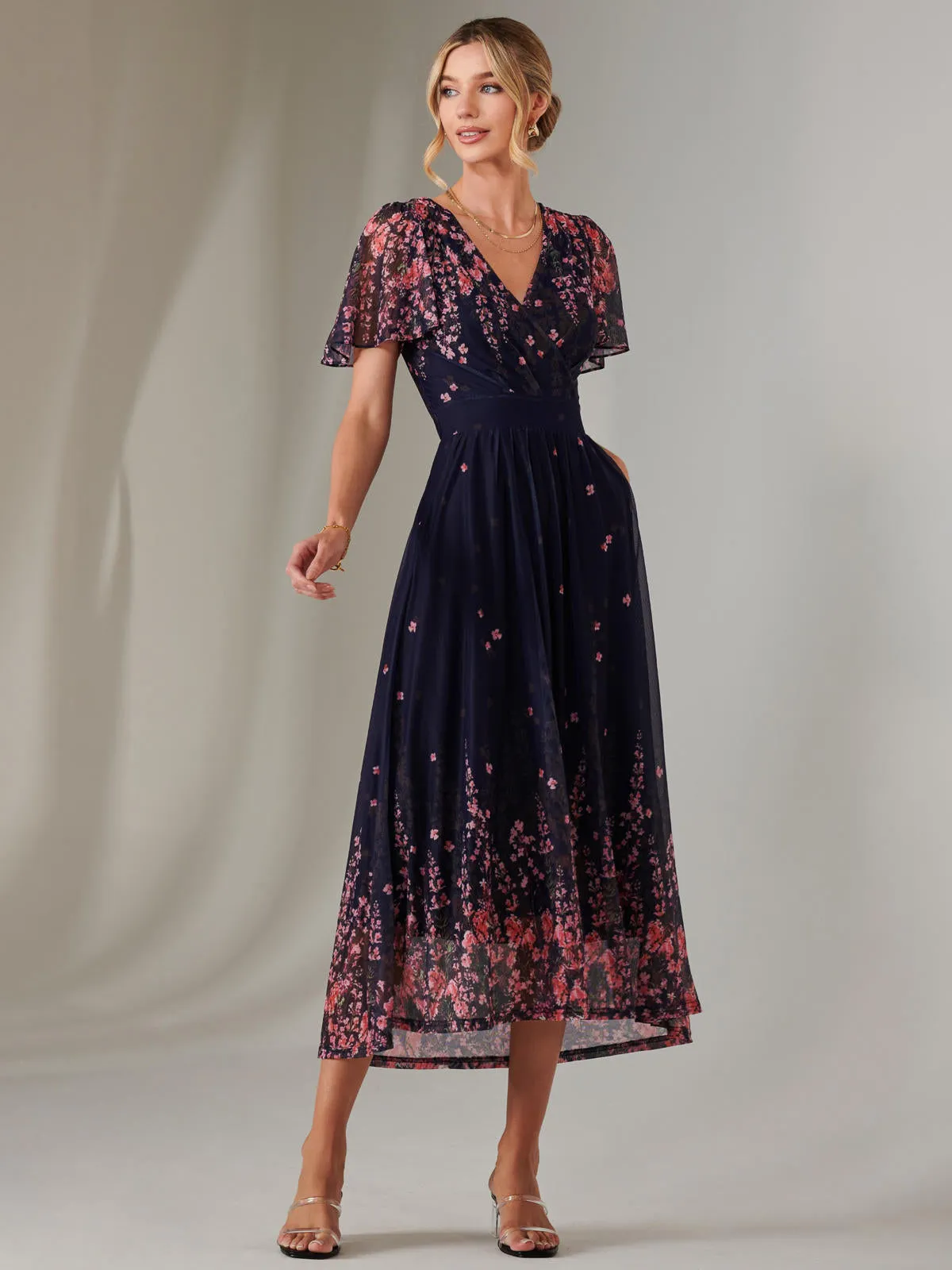 Wrap Maxi Dress, Navy Pink Multi